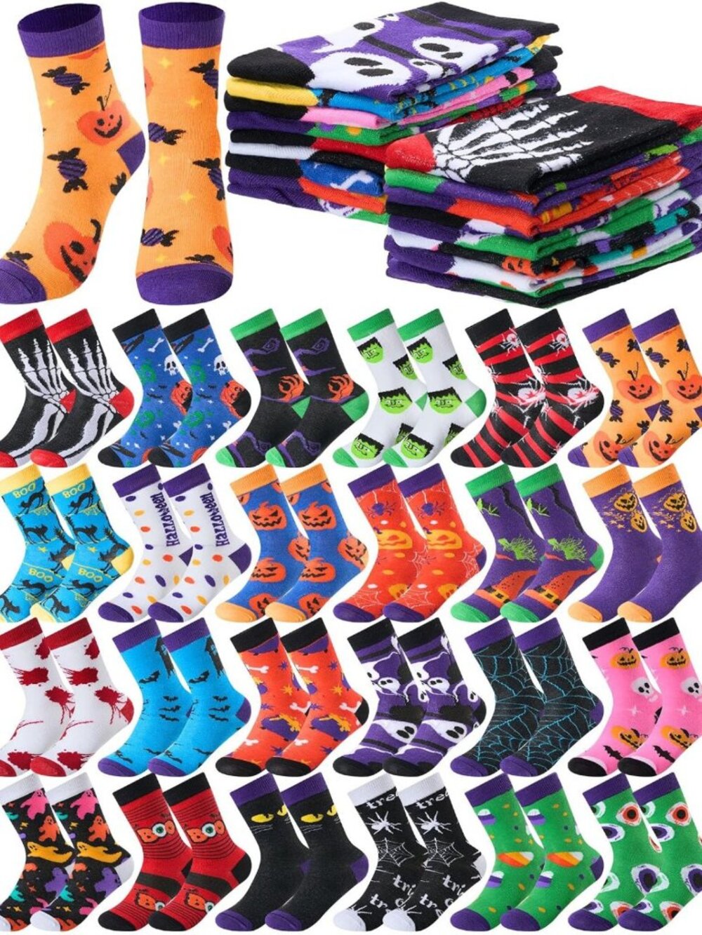 48 Pairs Halloween Socks for Women & Men - Fun Holiday Gift Idea, Bulk Pack
